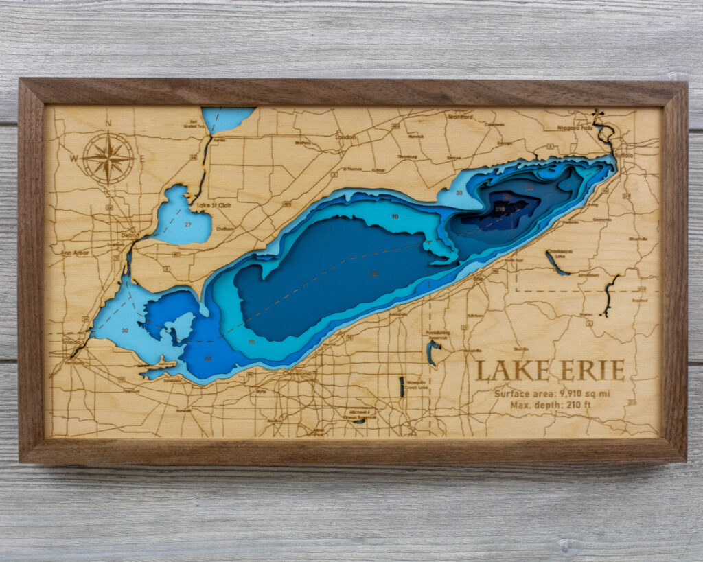 Multilayer Lake Erie map in walnut frame